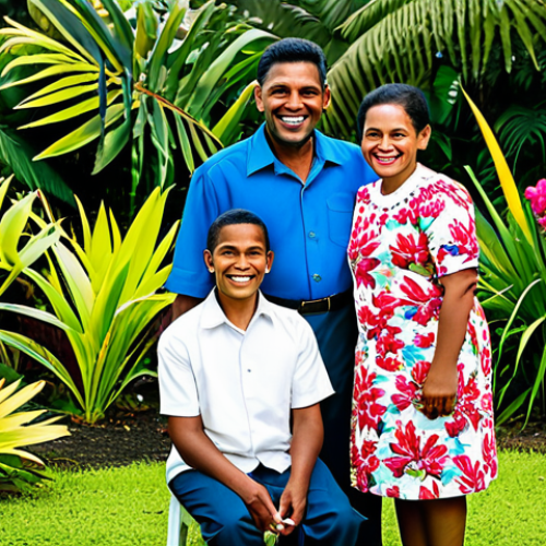 Home 6 Family & Community**
"A multigenerational Fijian family gathered outdoors, fully clothed in modest, traditional Fijian attire, smiling and interacting warmly. Lush tropical background with vibrant flowers. Safe for work, appropriate content, perfect anatomy, correct proportions, natural pose, professional photography, high quality, family-friendly."
**