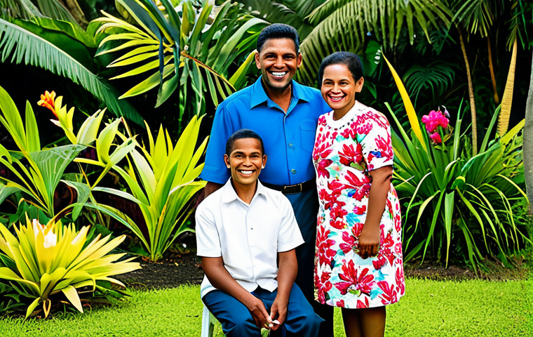 Family & Community**
"A multigenerational Fijian family gathered outdoors, fully clothed in modest, traditional Fijian attire, smiling and interacting warmly. Lush tropical background with vibrant flowers. Safe for work, appropriate content, perfect anatomy, correct proportions, natural pose, professional photography, high quality, family-friendly."
**