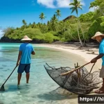 Home 14 피지의 해양 보호 노력 - A vibrant coastal village scene in Fiji showcasing active community participation in marine conserva...