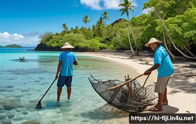 피지의 해양 보호 노력 - A vibrant coastal village scene in Fiji showcasing active community participation in marine conserva...