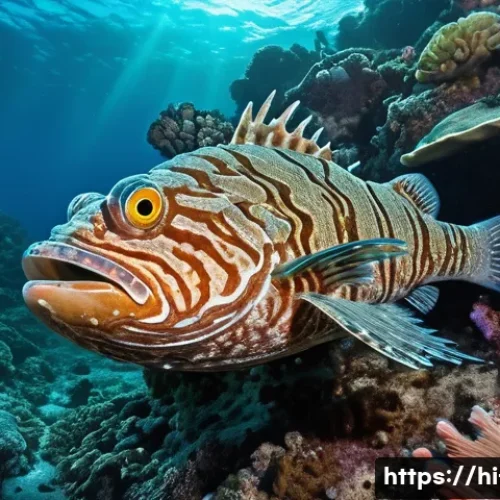 Home 13 피지에서 조심해야 할 동물 - A detailed underwater scene near Fiji’s rocky shore featuring a venomous stonefish partially camoufl...