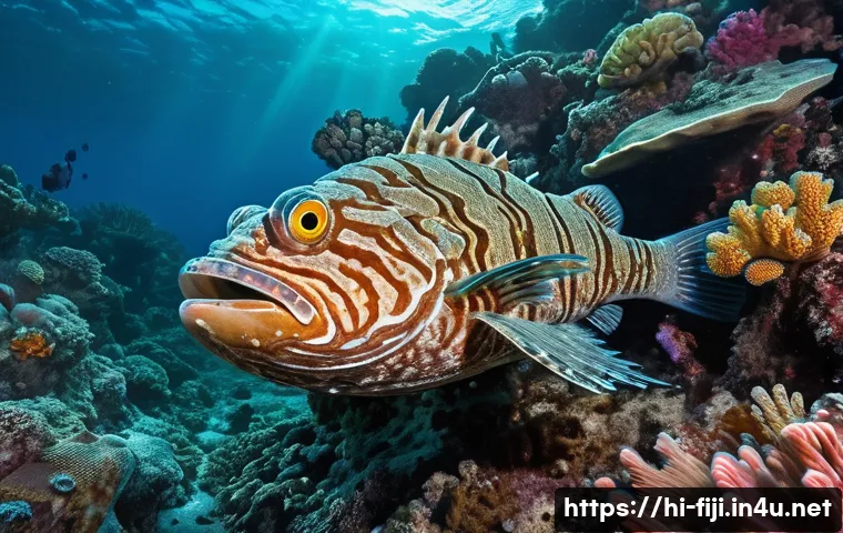 피지에서 조심해야 할 동물 - A detailed underwater scene near Fiji’s rocky shore featuring a venomous stonefish partially camoufl...