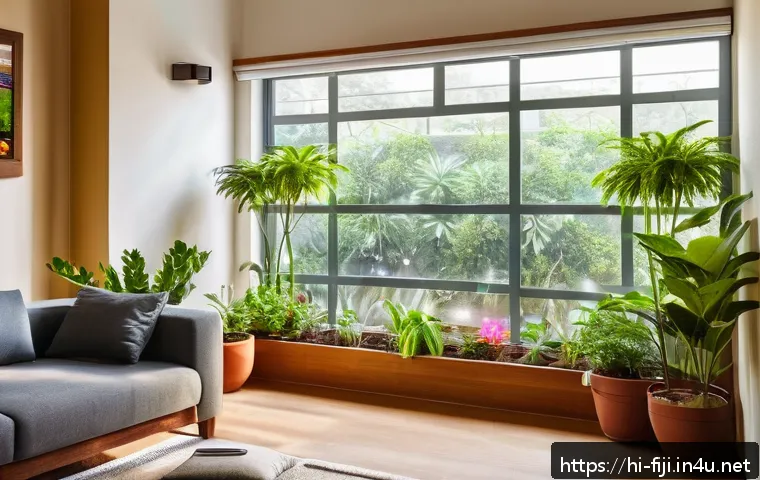 피지에서 전기 사용법 - A modern Indian living room bathed in natural sunlight through large windows with light curtains, fe...