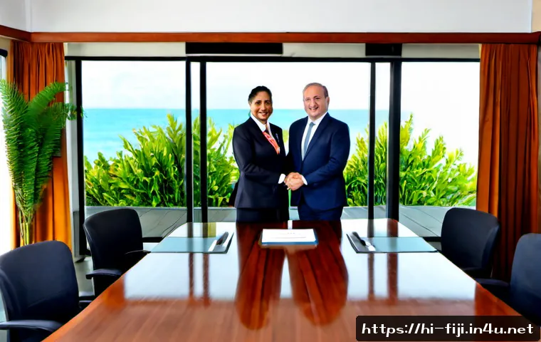 피지와 뉴질랜드 관계 - Photorealistic diplomatic partnership scene, Fiji and New Zealand representatives in professional bu...