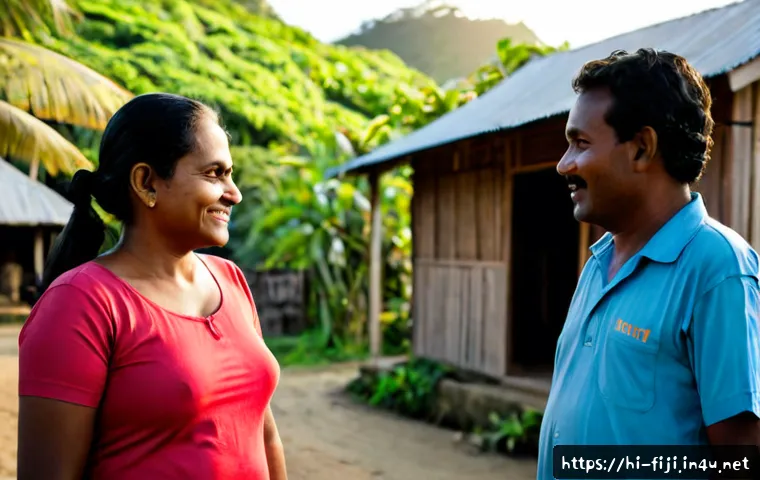 Home 17 피지의 언어 사용 - Photorealistic documentary-style scene in a sunny Fijian village, two local adults warmly conversing...