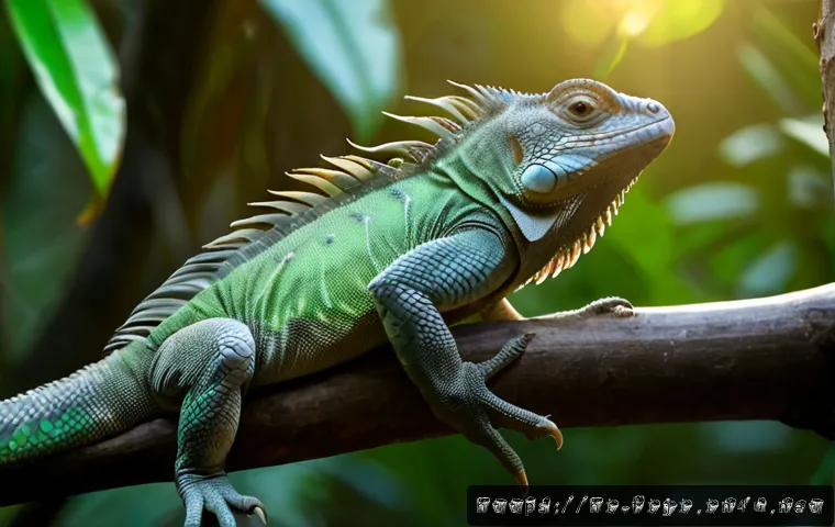 피지의 희귀 동식물 - Photorealistic Fijian crested iguana resting on a sunlit tropical tree branch in a protected rainfor...