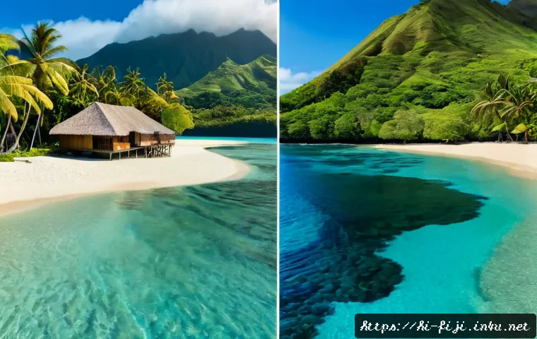 피지와 하와이 비교 - Photorealistic split-screen tropical travel comparison, left side a serene Fiji lagoon with traditio...